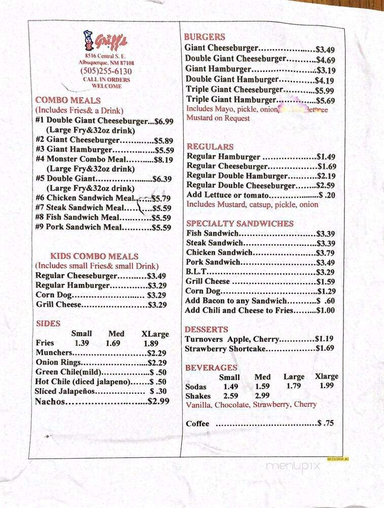 Griffs Hamburgers - Albuquerque, NM menu_pic