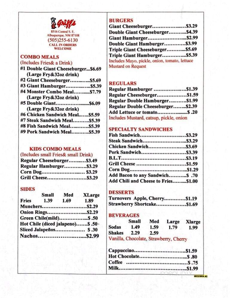 Griffs Hamburgers - Albuquerque, NM menu_pic