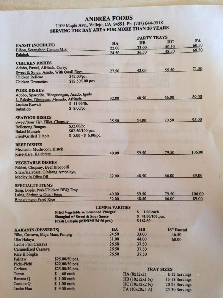 Andrea Foods - Vallejo, CA menu_pic