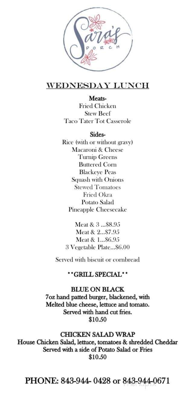 Sara's Porch - Darlington, SC menu_pic