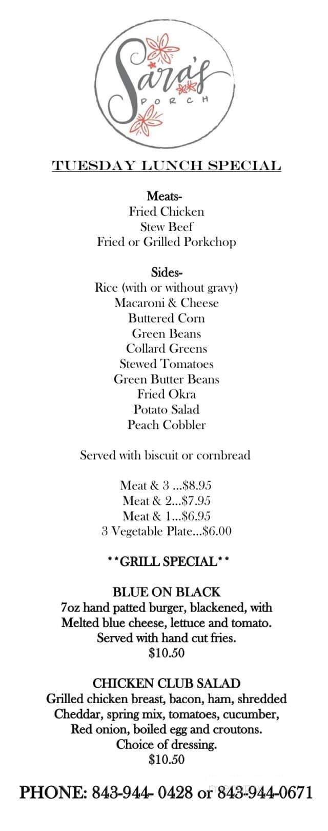 Sara's Porch - Darlington, SC menu_pic
