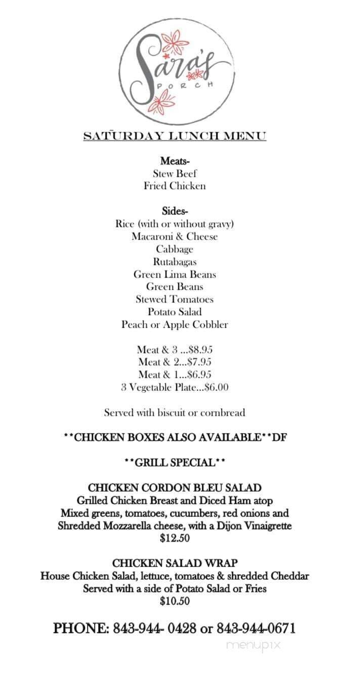Sara's Porch - Darlington, SC menu_pic