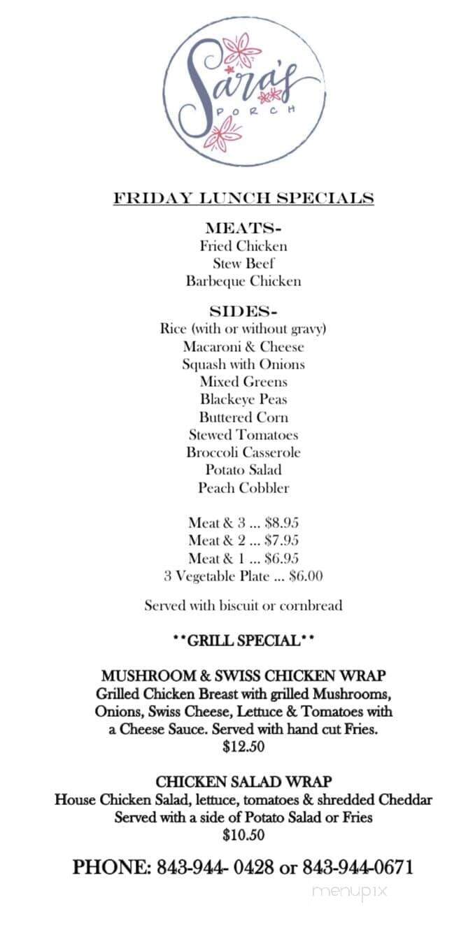 Sara's Porch - Darlington, SC menu_pic