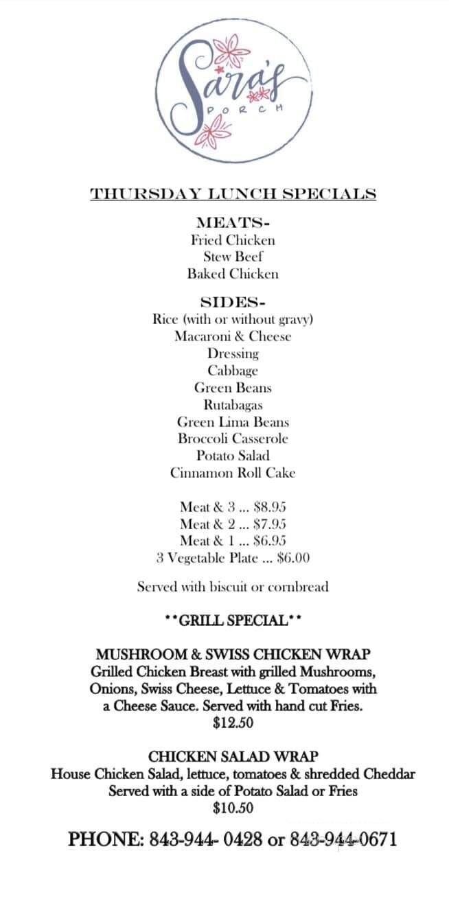 Sara's Porch - Darlington, SC menu_pic