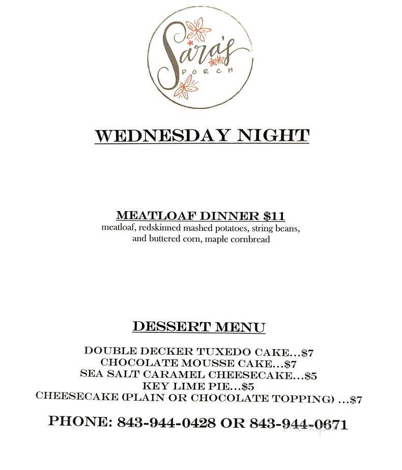 Sara's Porch - Darlington, SC menu_pic