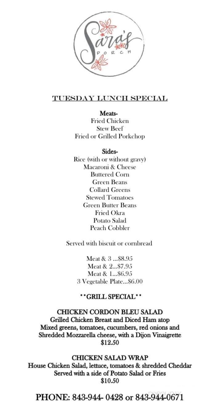 Sara's Porch - Darlington, SC menu_pic