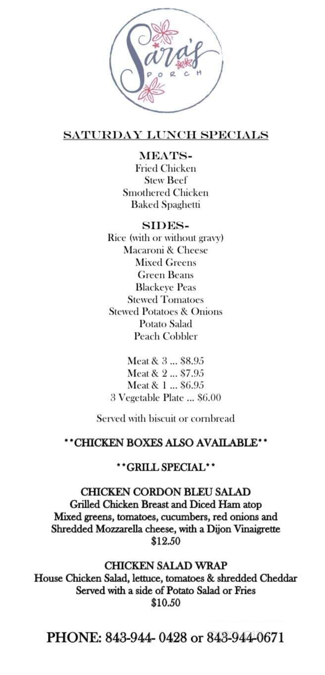 Sara's Porch - Darlington, SC menu_pic