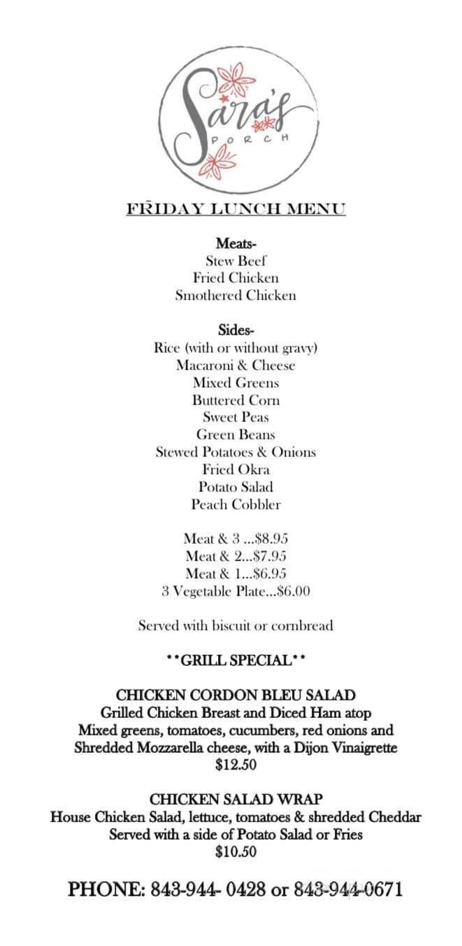 Sara's Porch - Darlington, SC menu_pic