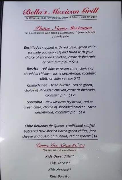 Bella's Mexican Grill - Taos, NM menu_pic