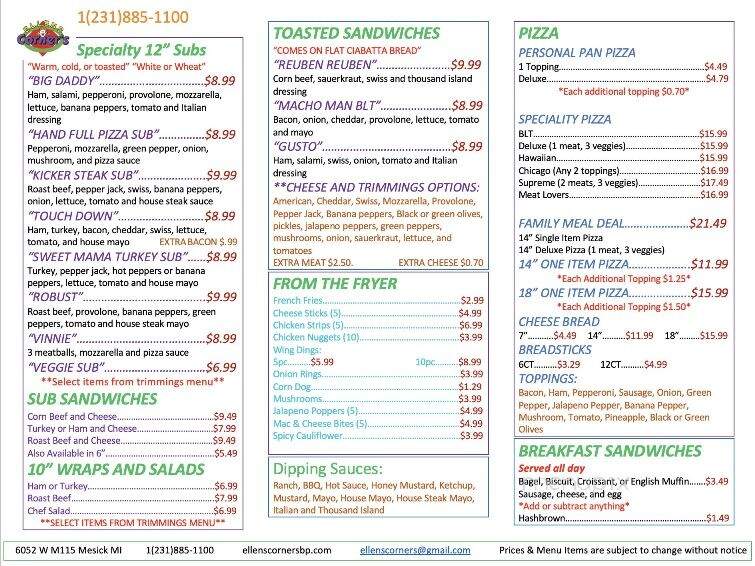 Ellens Corner's Pizza Subs Gas - Mesick, MI menu_pic