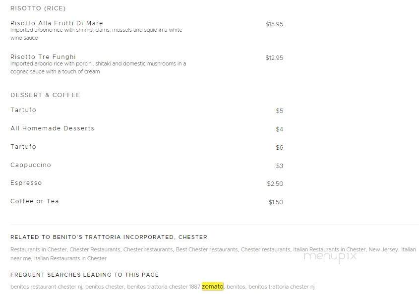 Benito's Trattoria Inc - Chester, NJ menu_pic