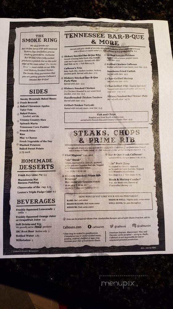 Calhoun's Restaurant - Gatlinburg, TN menu_pic