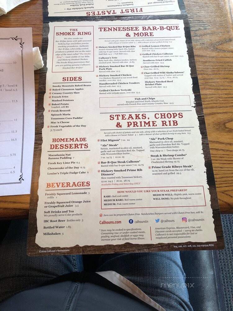 Calhoun's Restaurant - Gatlinburg, TN menu_pic