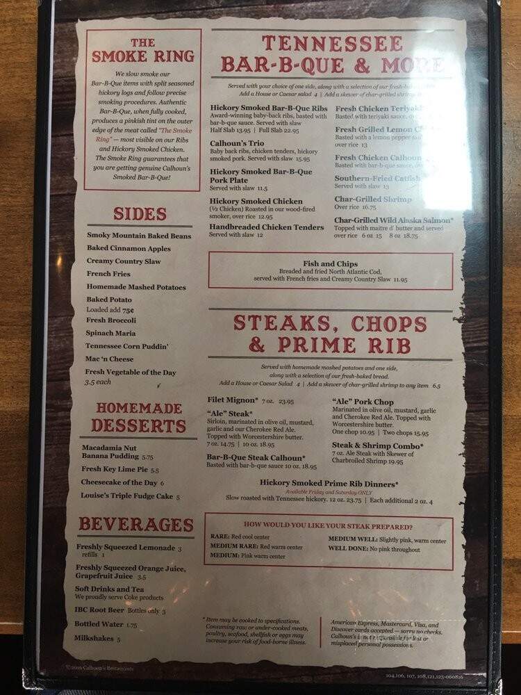 Calhoun's Restaurant - Gatlinburg, TN menu_pic