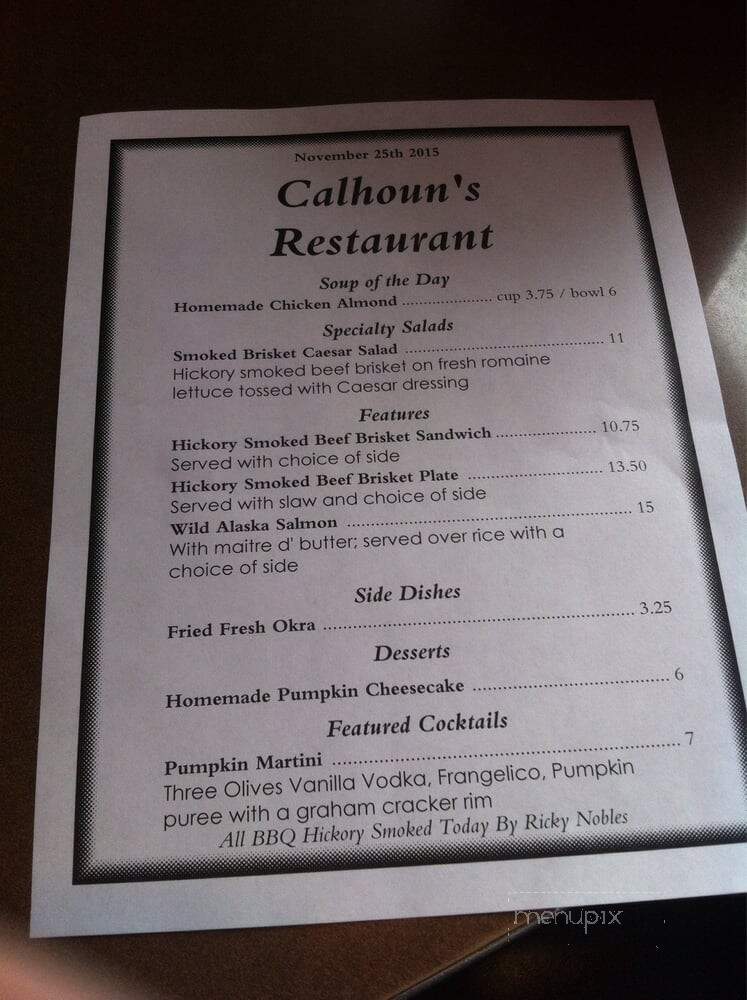 Calhoun's Restaurant - Gatlinburg, TN menu_pic