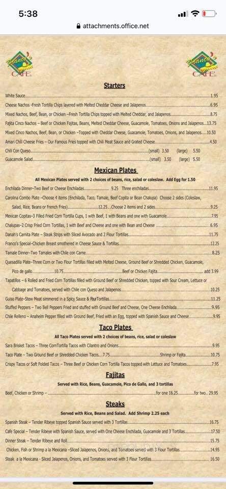 Franco's Cafe - San Angelo, TX menu_pic