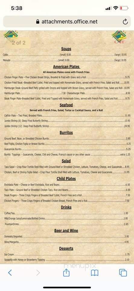 Franco's Cafe - San Angelo, TX menu_pic