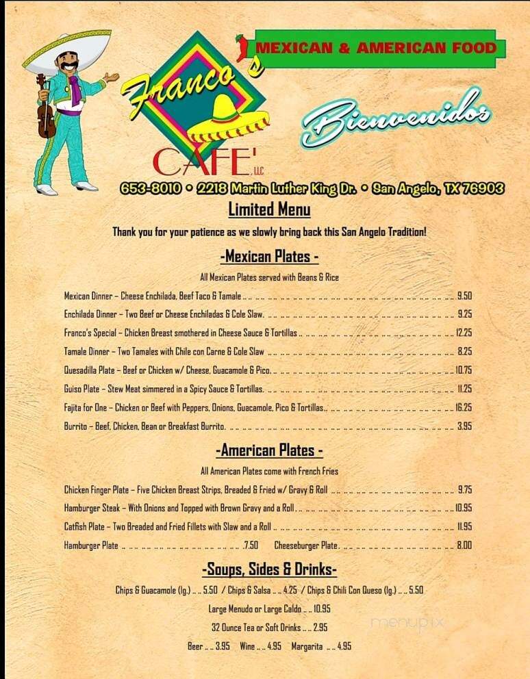 Franco's Cafe - San Angelo, TX menu_pic