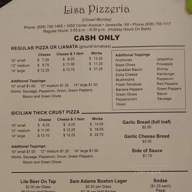 Lisa Pizzeria - Janesville, WI menu_pic