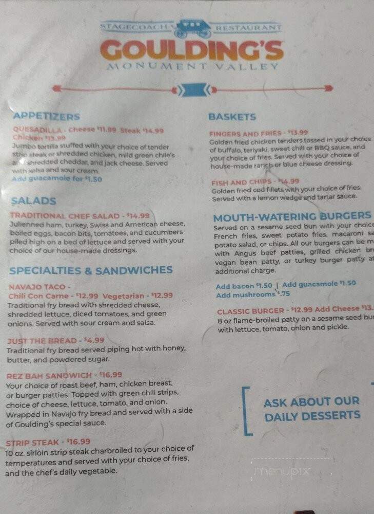 Goulding's Lodge Dining Room - Oljato-Monument Valley, UT menu_pic