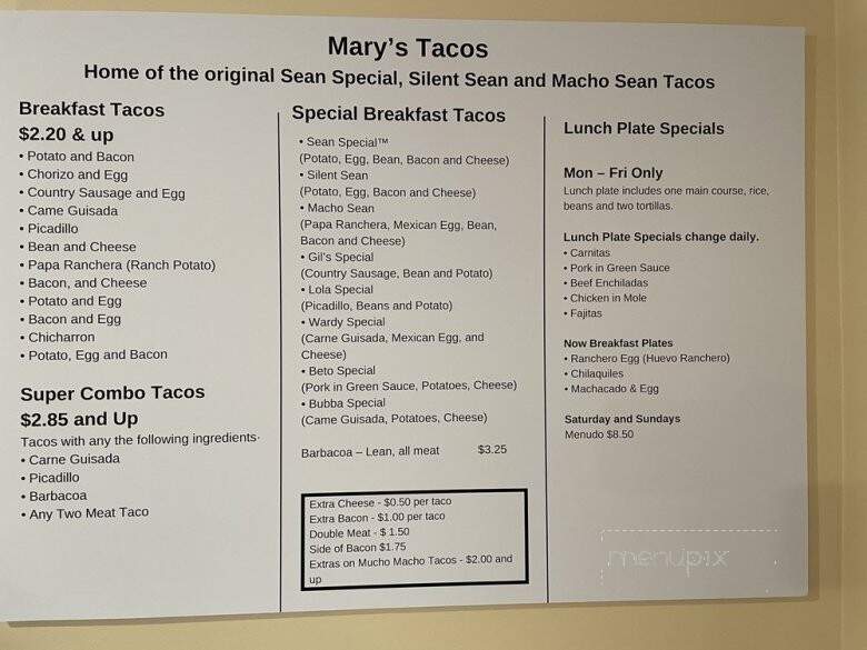 Marys Tacos - Helotes, TX menu_pic