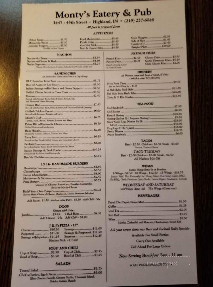 Monty's Eatery & Pub - Highland, IN menu_pic