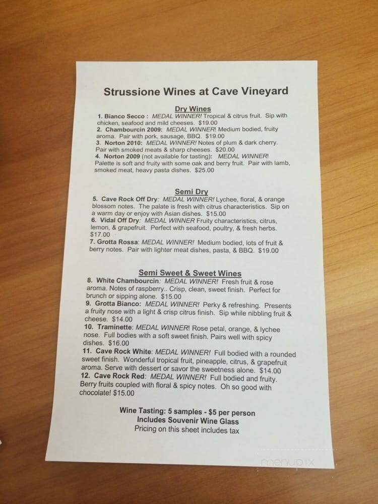Cave Vineyard - Sainte Genevieve, MO menu_pic