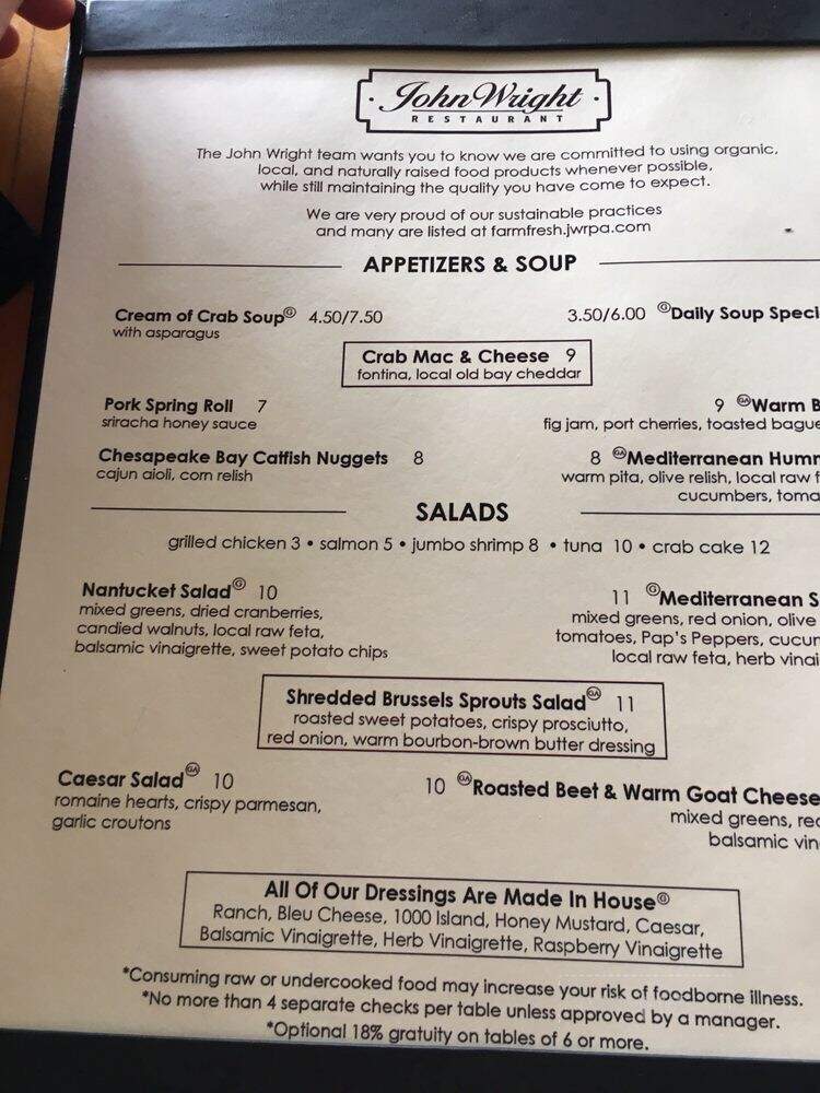 John Wright Restaurant - Wrightsville, PA menu_pic