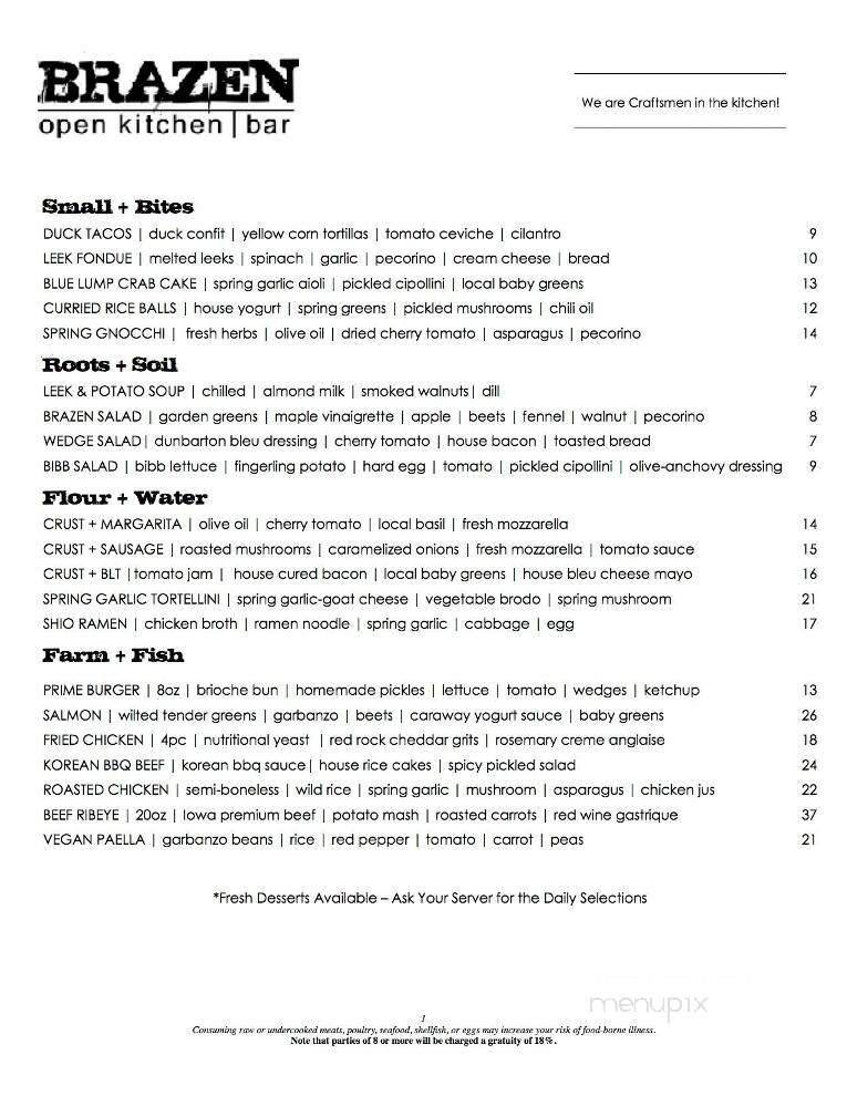 Brazen Open Kitchen - Dubuque, IA menu_pic
