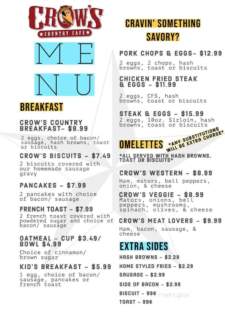 Crow's Country Cafe - Anna, TX menu_pic