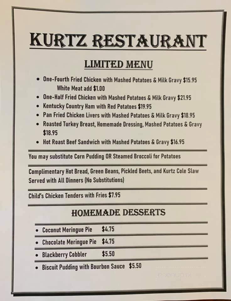 Kurtz Restaurant - Bardstown, KY menu_pic