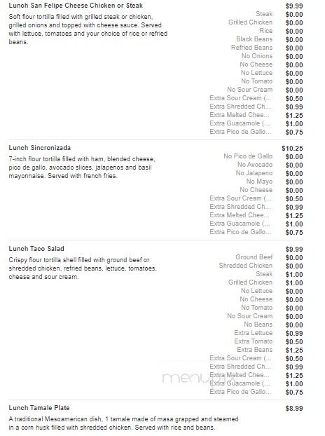 San Felipe Mexican Restaurant - Asheboro, NC menu_pic