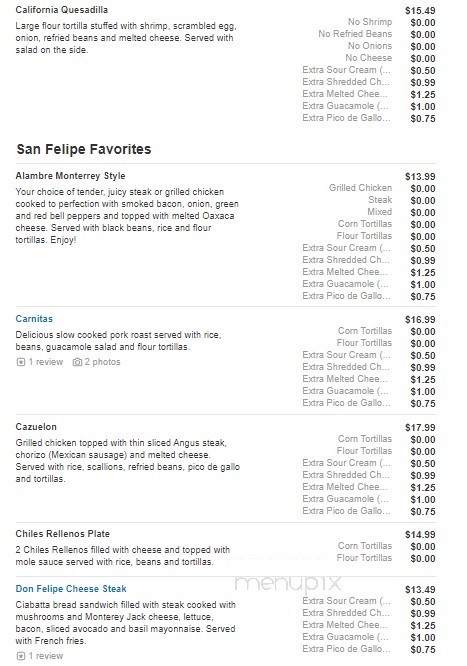 San Felipe Mexican Restaurant - Asheboro, NC menu_pic