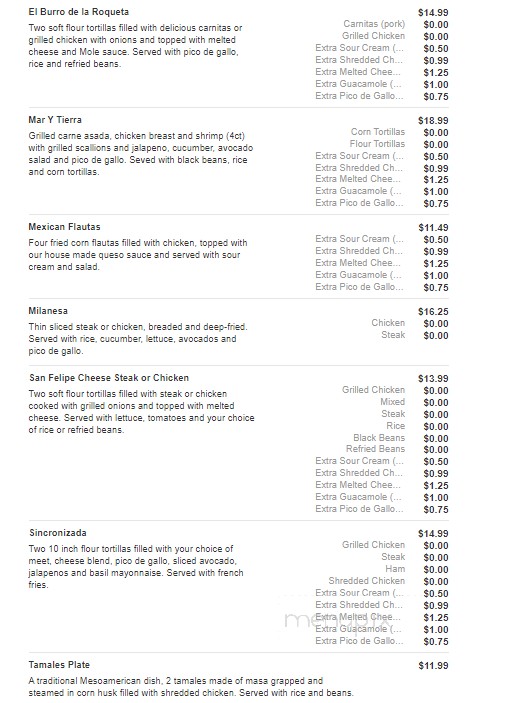 San Felipe Mexican Restaurant - Asheboro, NC menu_pic