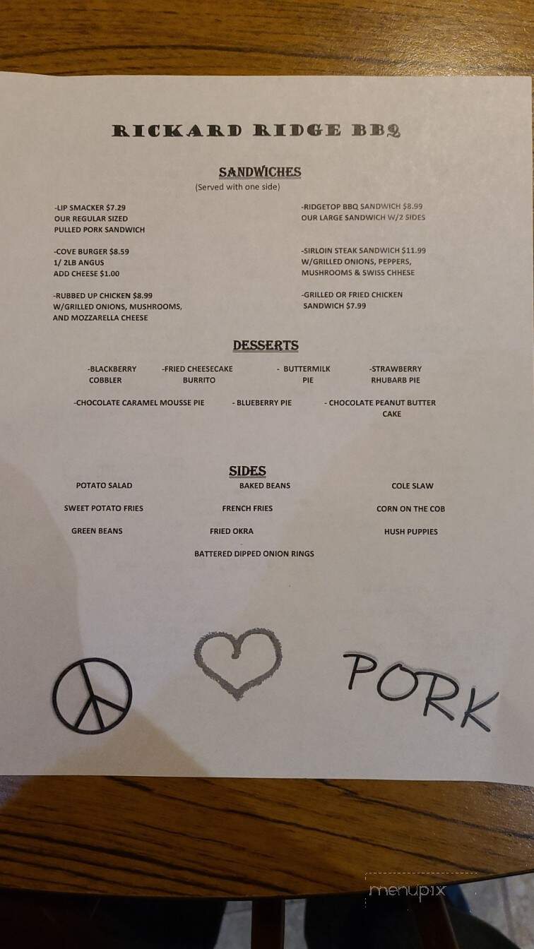 Rickard Ridge BBQ - Caryville, TN menu_pic