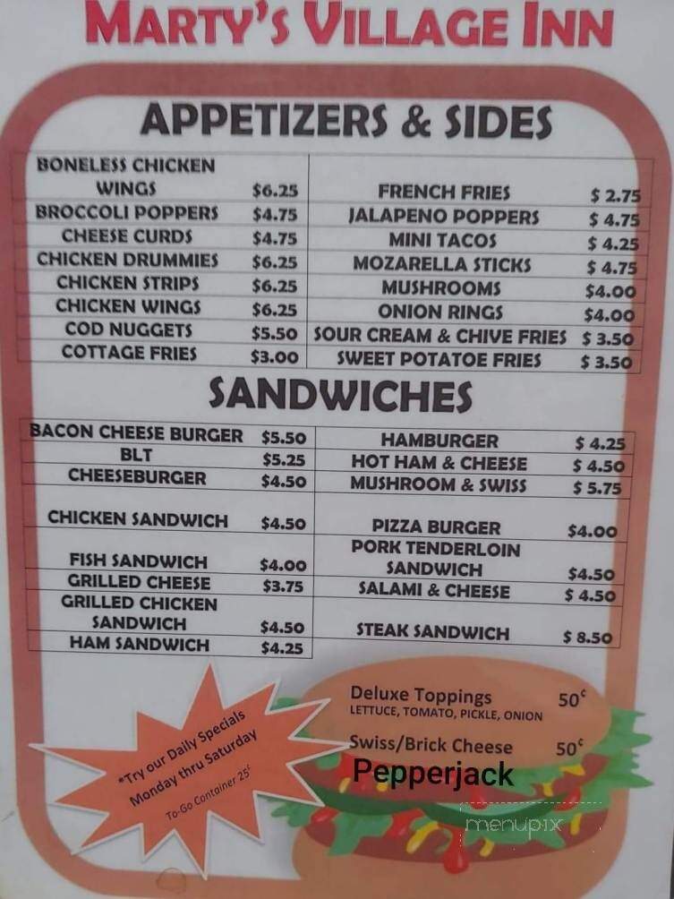 Marty's Village Inn - South Wayne, WI menu_pic