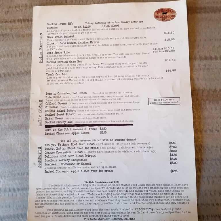 The Relic Smokehouse And Pub - Coeur d'Alene, ID menu_pic