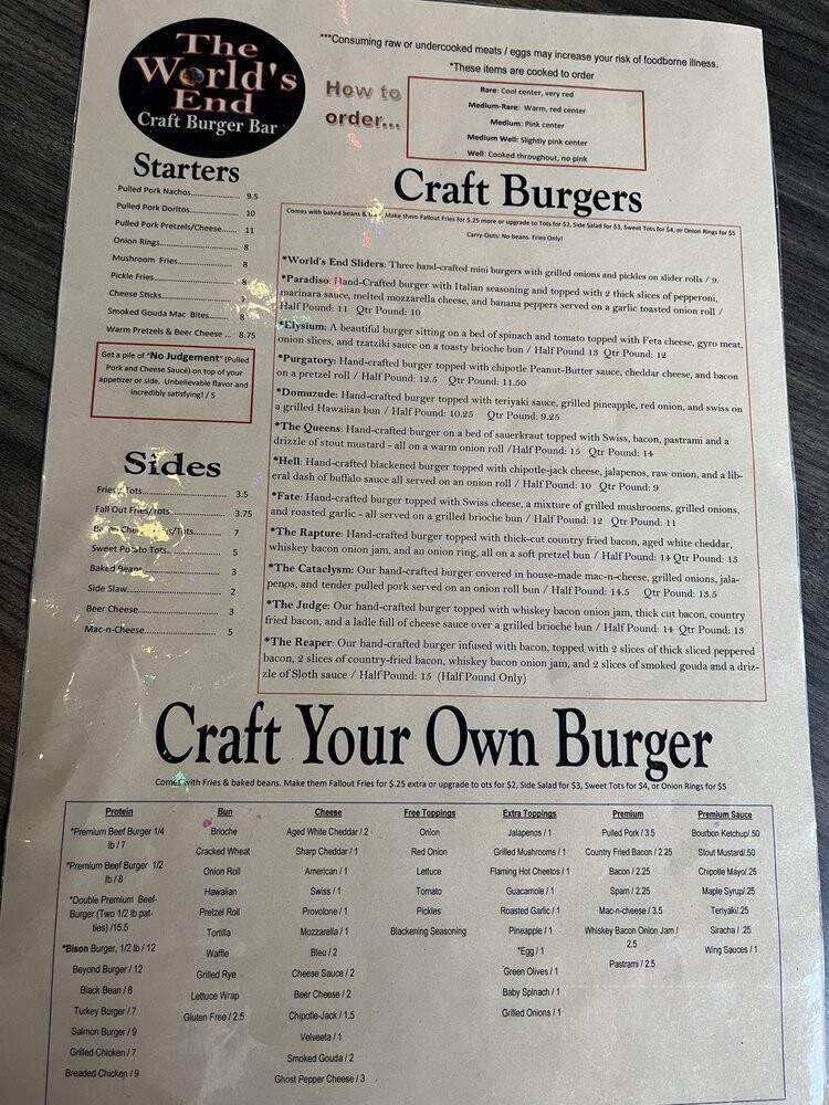 The World's End Craft Burger Bar - Roseville, MI menu_pic