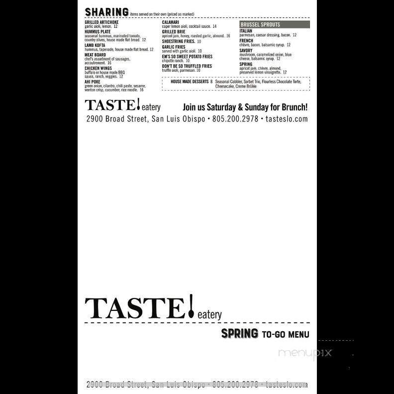 Taste! Craft Eatery - Paso Robles, CA menu_pic