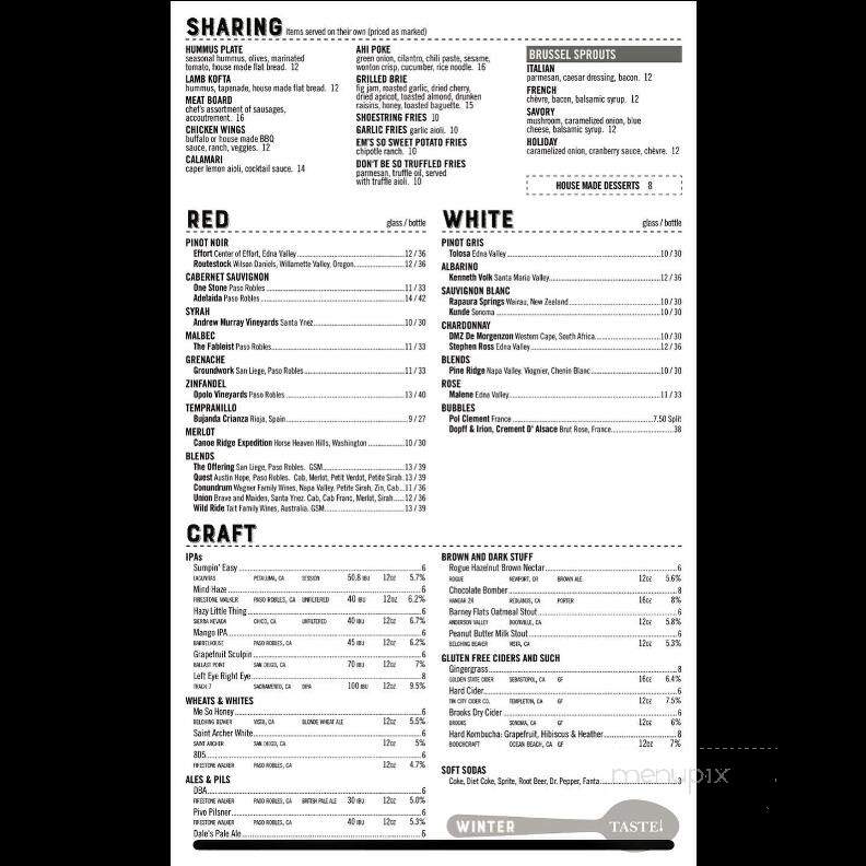 Taste! Craft Eatery - Paso Robles, CA menu_pic