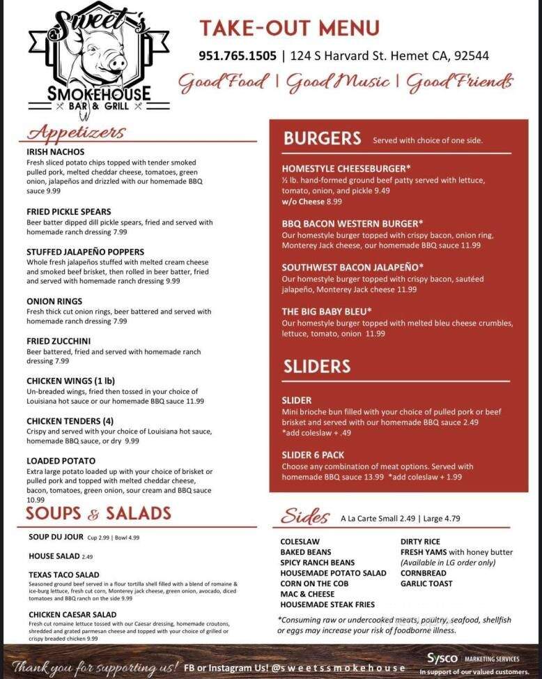 Sweet's Smokehouse Bar & Grill - Hemet, CA menu_pic
