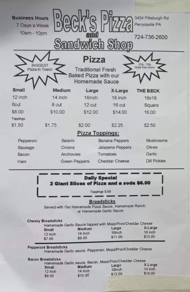 Beck's Pizza and Sandwich Shop - Perryopolis, PA menu_pic