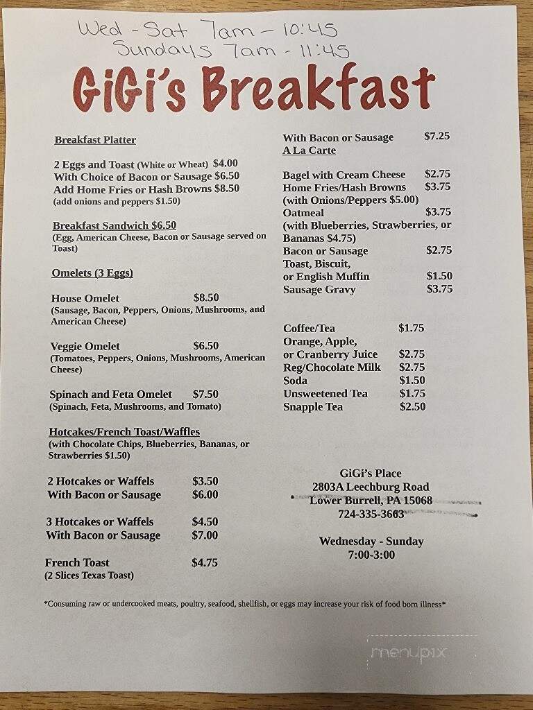 GiGi's Place - Lower Burrell, PA menu_pic
