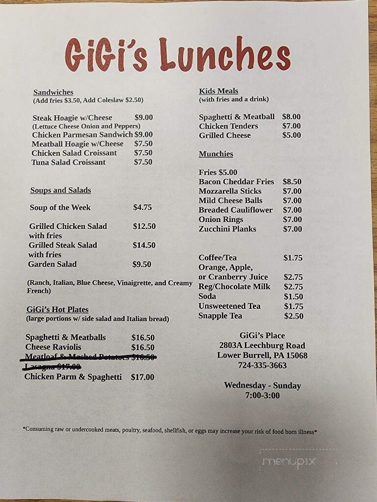GiGi's Place - Lower Burrell, PA menu_pic