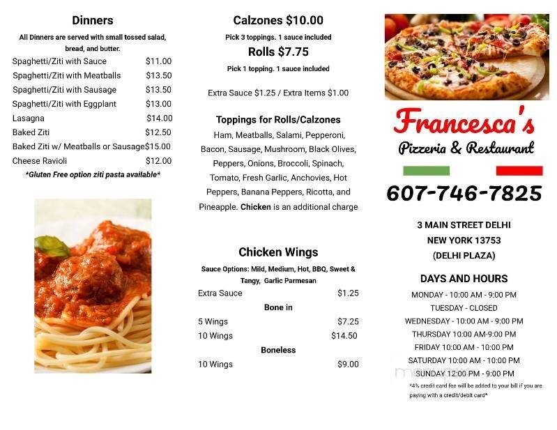 Francesca's Pizzeria & Restaurant - Delhi, NY menu_pic
