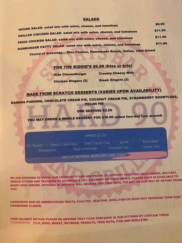 Hard 90 Sports Bar & Grille - Maypearl, TX menu_pic