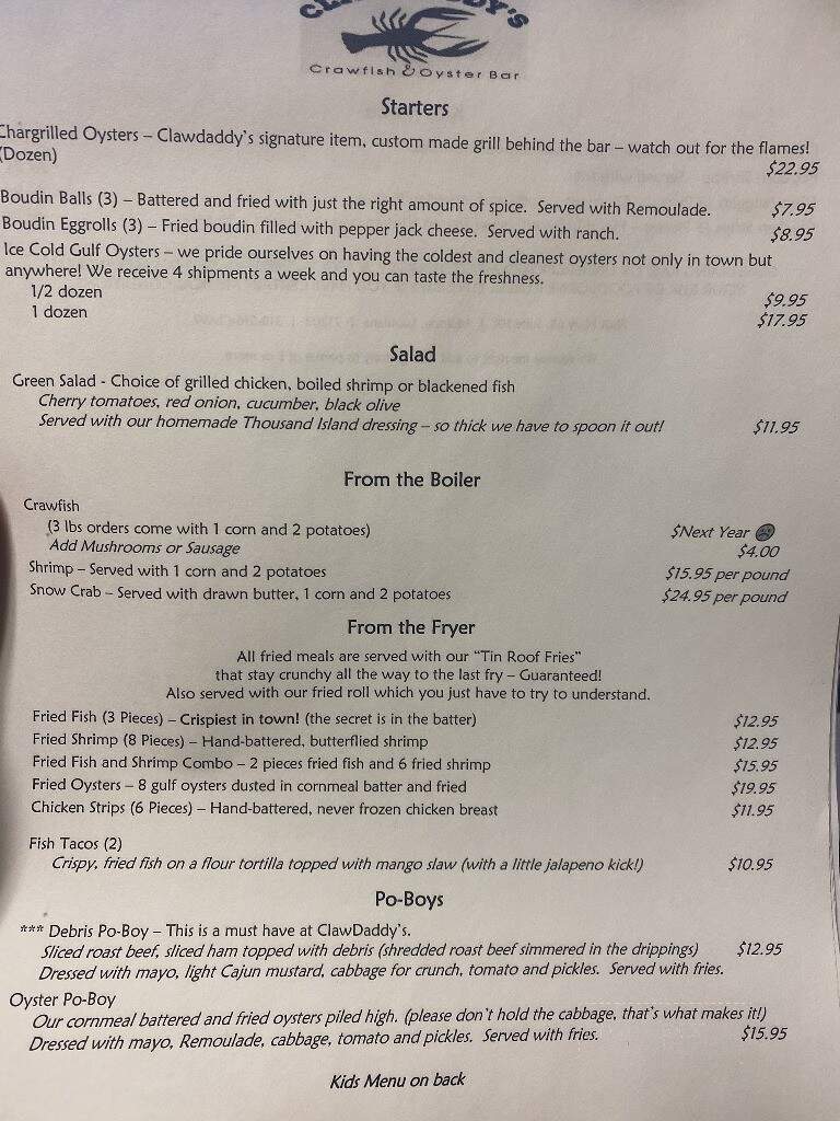 Clawdaddy's Crawfish and Oyster Bar - Monroe, LA menu_pic