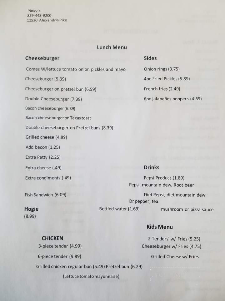 Pinky's Diner - Alexandria, KY menu_pic