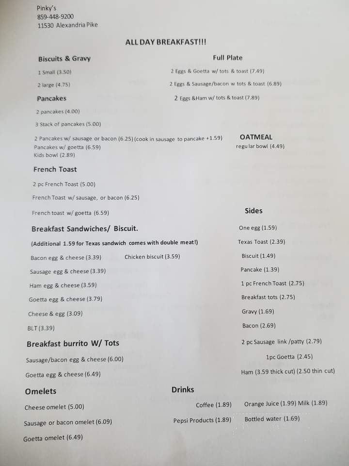 Pinky's Diner - Alexandria, KY menu_pic