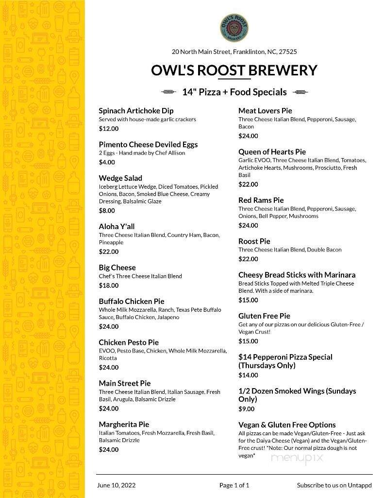 Owl's Roost Brewery - Franklinton, NC menu_pic